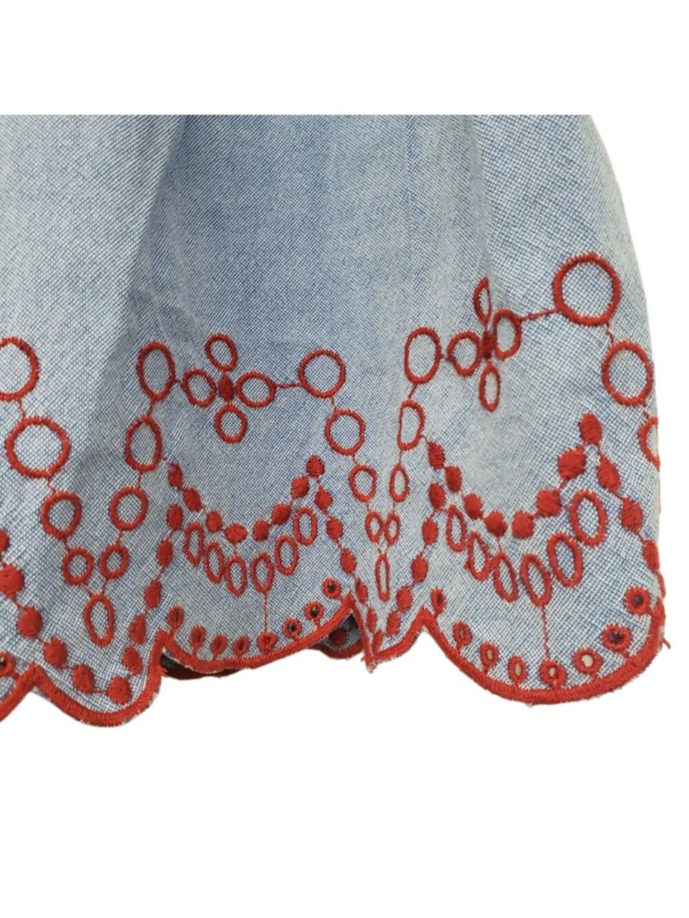 Vineyard Vines Blue Red Embroidered A Line Mini Skirt Chambray Flounce Pull On - Picture 8 of 9